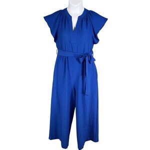 Calvin Klein Womens 8 Blue Tulip Sleeve Belted Crop Jumpsuit Wide Leg Pockets